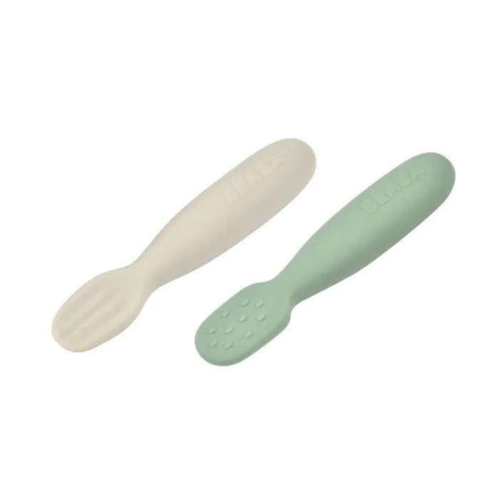 Lot 2 pré-cuillères d'apprentissage silicone Vert sauge/Gris velours-1