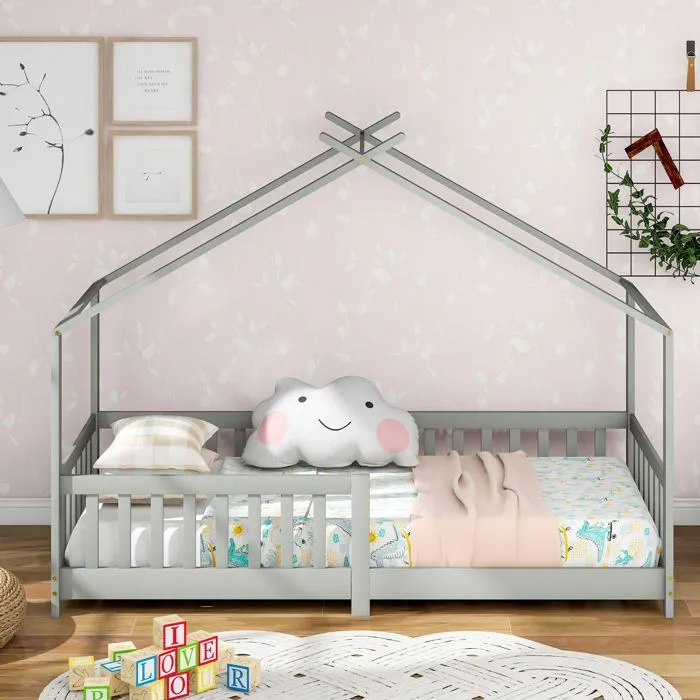 Lit cabane pour enfant - LIBERTÉ - Gris - Bois massif - sommier à lattes-4