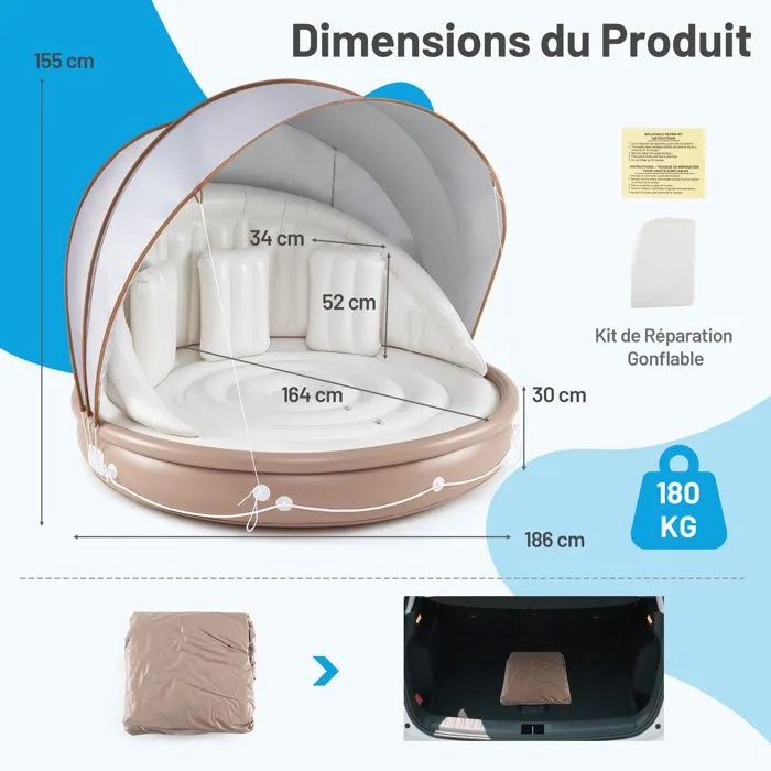 COSTWAY Matelas Gonflable À Eau Flottante avec Auvent rétractable et amovible, 3 Oreillers, 186 x 186 x 155 cm, 180KG-1