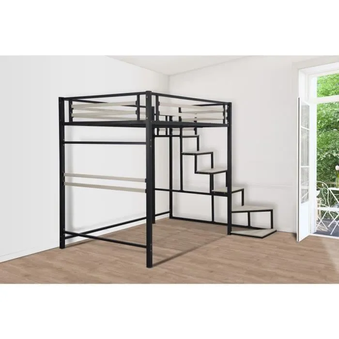 Lit mezzanine en métal avec escalier "LENA" - 140 x 190 cm - Noir-1