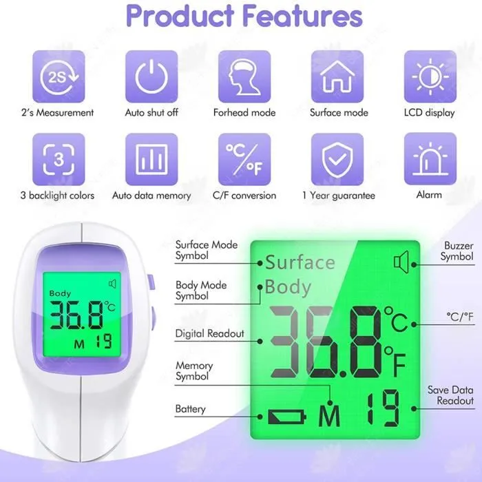 HTBE® Thermomètre frontal portatif Thermomètre électronique Thermomètre infrarouge sans contact pour le corps humain-1