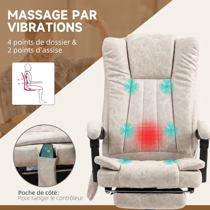 Fauteuil de bureau massant et chauffant - Vinsetto - hauteur réglable, dossier inclinable, repose-pied et télécommande - crème-4