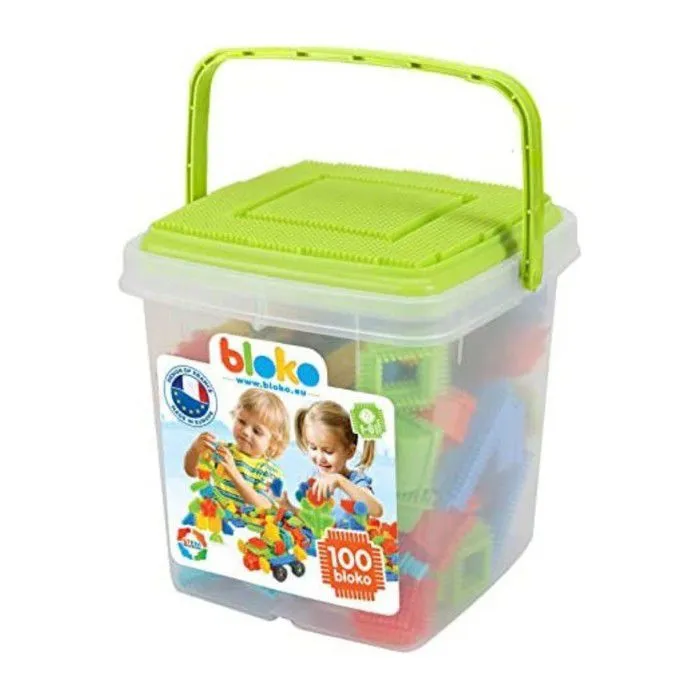 Jeu de Construction et assemblage - BLOKO - Baril de Rangement Vert + 100 Bloko + 1 plaque de Jeu - Dès 12 mois-0