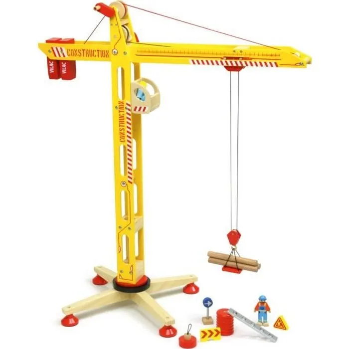 Grande grue en bois - VILAC - Jouet de chantier pour enfant - Jaune et multicolore-0