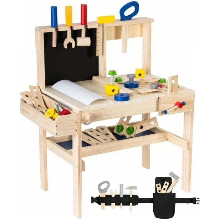 Mamabrum Etabli Enfants en Bois Atelier de Bricolage Ceinture 75 Pièces Table de travail, Marteau, Scie, Tournevis, Clé, + 1 an-0