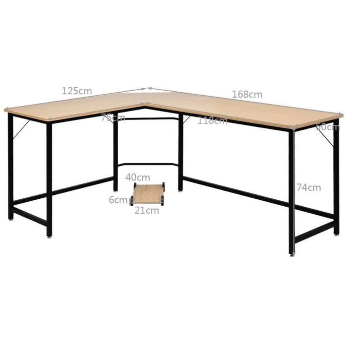 COSTWAY Bureau d’Angle Grand L168 x l125 x H74CM-Jusqu'à 3 Ordinateurs avec Support CPU Style industriel, Structure en Métal Naturel-3