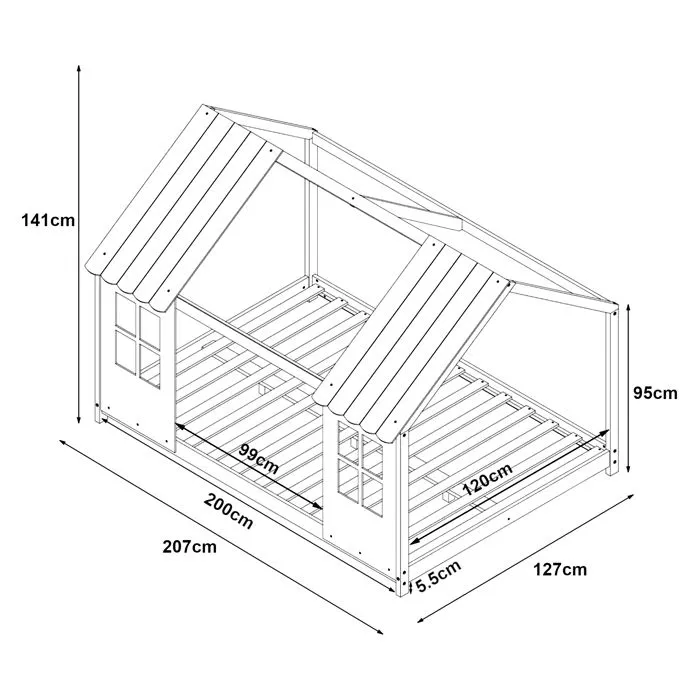 Lit cabane Tostedt pour enfant 120 x 200 cm avec matelas sommier à lattes bois de pin naturel blanc [en.casa]-3