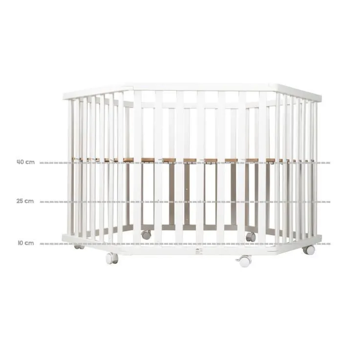 ROBA Parc Bébé Hexagonal + Tour de Parc de Protection "Fox & Bunny" et 6 Roues - Bois Blanc-3