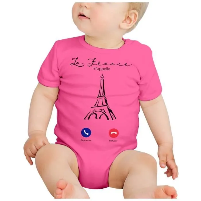 Body Bébé Manche Courte Rose La France M'Appelle Tour Eiffel Paris Voyage-1