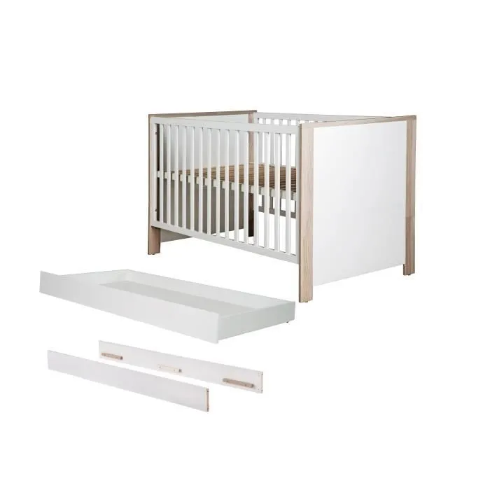Lit Bébé Olaf 70x140 cm - ROBA - Transformable en lit junior - Tiroir de rangement - Bois Blanc / Effet Bois-0