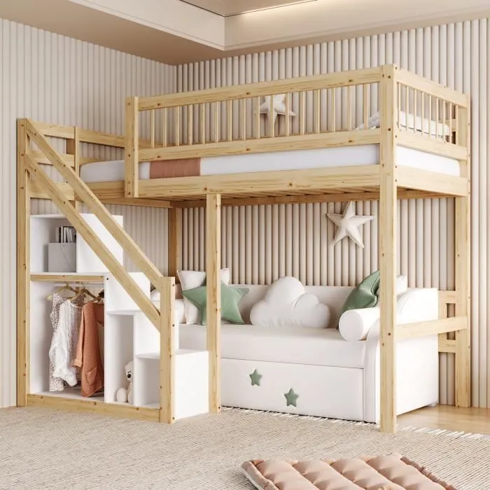Lit mezzanine - Naturel - 90x200cm - Bois massif - Escalier avec rangement - 2 places-0