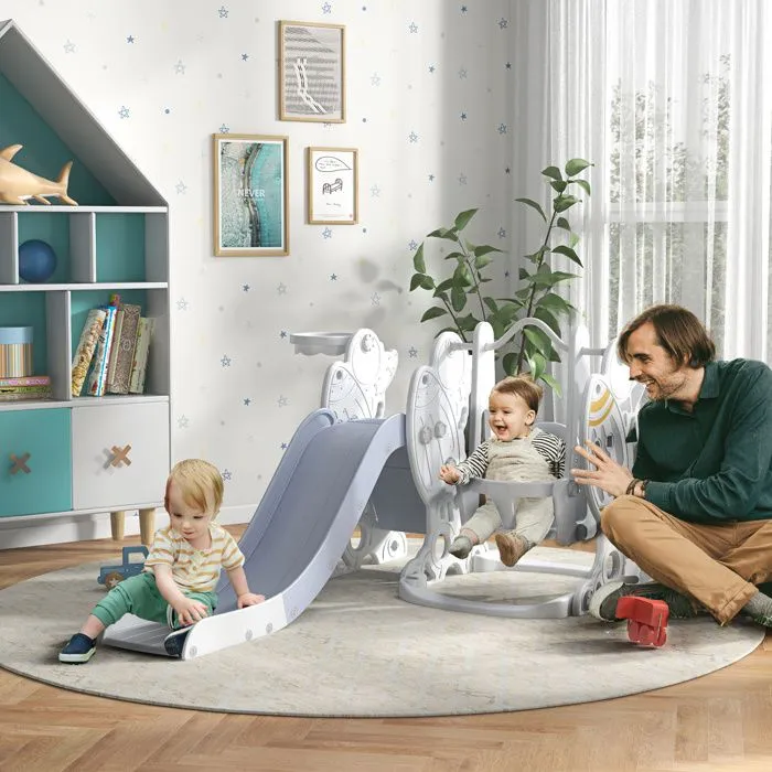 AIYAPLAY - Ensemble Portique Toboggan Panier Enfant - Plastique - 150x185x92cm - Gris-1