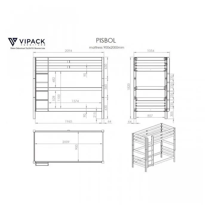 Lit superposé en pin massif gris 209x105x182cm avec lit gigogne - Vipack PINO-3
