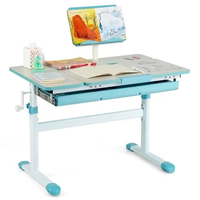 COSTWAY Bureau pour Enfant 3-12 ans - Réglable en Hauteur 51-73 cm & Plateau Inclinable 0-60°- avec Support de Livre & Tiroir, Bleu-0
