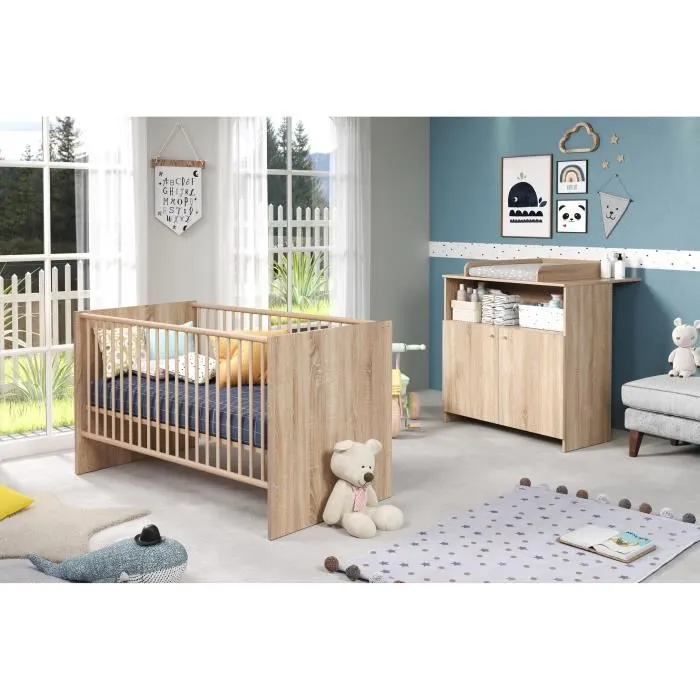Chambre bébé duo NIKO - Lit 70x140 cm + Commode à langer 2 portes - Décor chêne naturel - TRENDTEAM-0