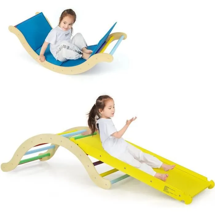 COSTWAY Triangle d'Escalade Réversible 4 en 1 pour Enfants, Grimper et Glisser Montessori en Bois Colorée-0