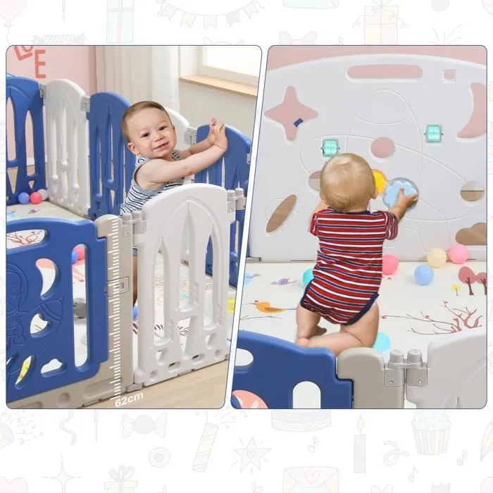 LILIIN Parc pour Bébé Pliable avec Porte et Planche à Jouets, 12 Panneaux + 2 Accessoires, Design Bleu et Blanc-3