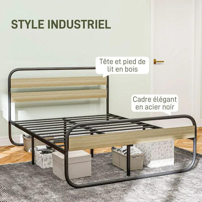 Lit double 140 x 190 cm - HOMCOM - cadre de lit en acier - style industriel - tête de lit et sommier inclus - aspect bois-4
