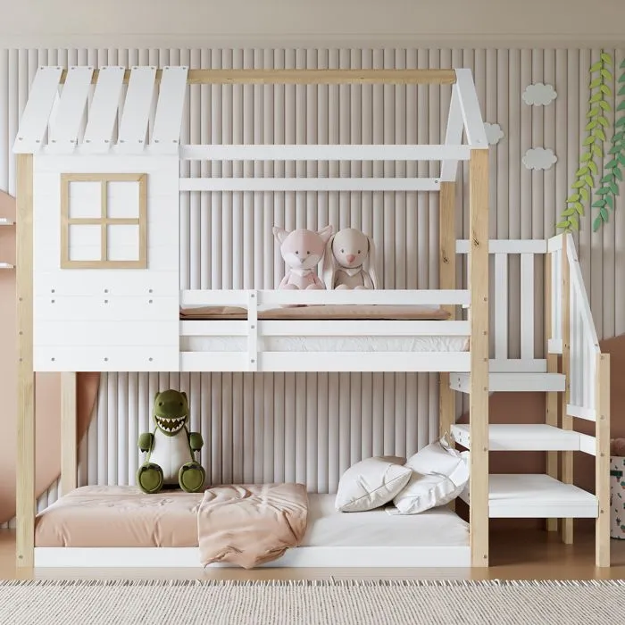 Lit superposé - Enfant - 90x200cm - Blanc + Naturel - Design avec fenêtre - Escalier d'angle-0