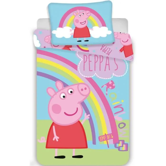 Linge de lit - Peppa Pig - Drap enfant 100x135 cm - Housse de coussin 40x60 cm - 100% coton - Arc en ciel-0