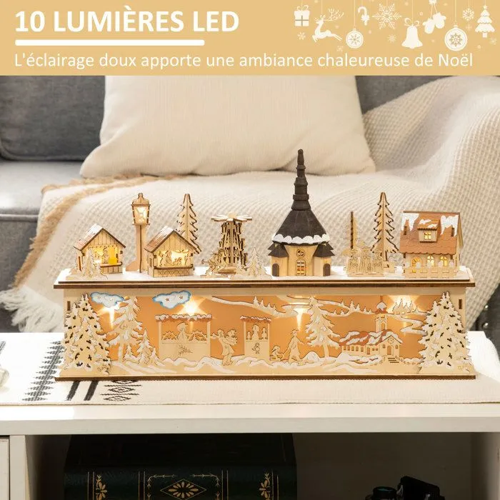 HOMCOM Village de Noël Lumineux en Bois Décoration de Noël Maison Miniature sur Table avec 10 LED Blanc Chaud - 45 x 10 x 25 cm-5