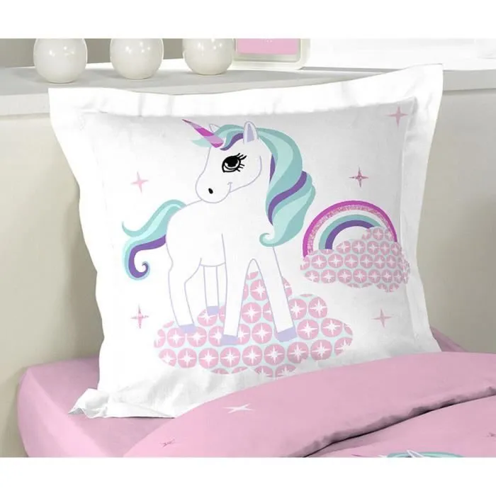 Parure de couette LICORNE - 2 pièces - 140 x 200 cm - 100% coton 42 fils - Rose, blanc, bleu et violet-0
