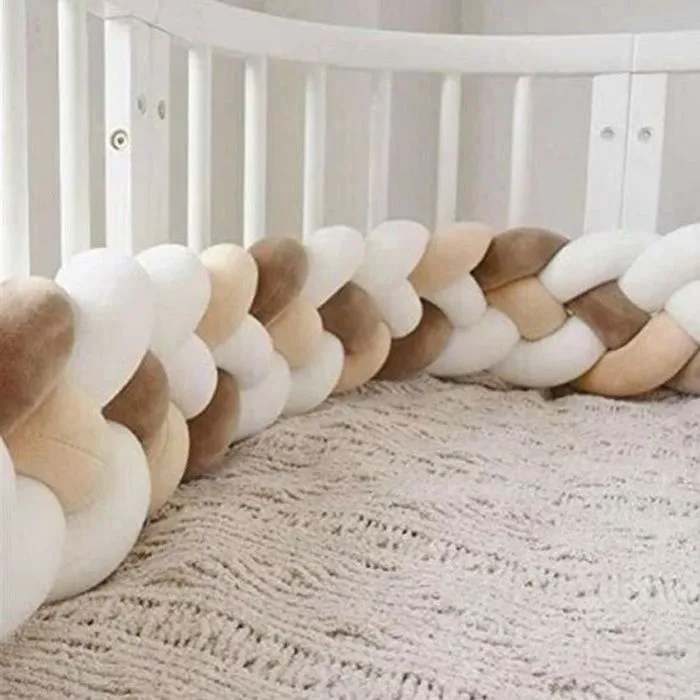 3M Tour de Lit Coussin Serpent Coussin Tressé Pare-chocs Velours Protection Bébé, blanc+blanc+kaki+marron-0