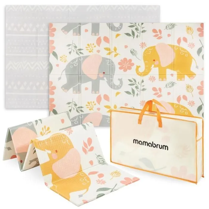 Mamabrum Tapis d'éveil Bébé 2 Faces 120x180X1 cm-  Eléphants ET Exotiques- Tapis de Jeux Enfant Mousse- Pliable- XPE-0