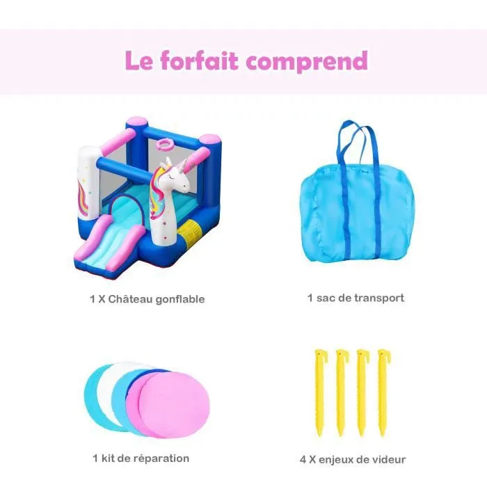 COSTWAY Château Gonflable pour Enfants avec Toboggan Panier de Basket Thème Licorne Housse de Transport Piquets sans Souffleur-3