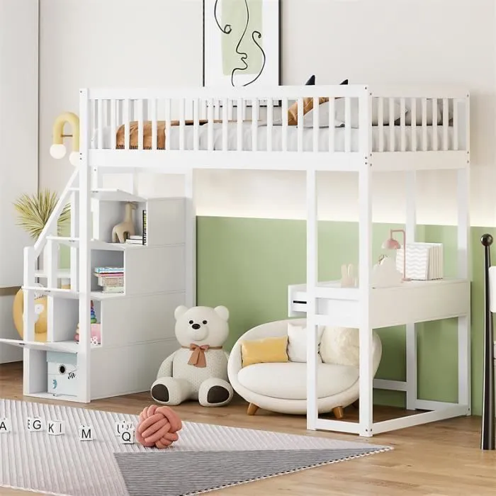 Lit mezzanine 90x200cm - lit enfant avec bureau avec tiroirs, escalier de rangement, sommier à lattes - cadre en pin- blanc-0