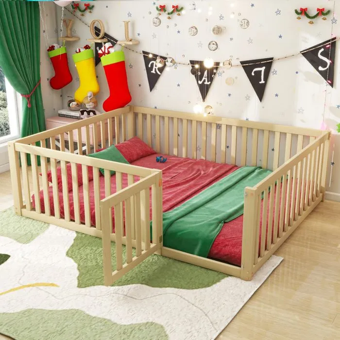 Lit enfant 140x200cm en bois massif avec barrière de sécurité - Naturel-0