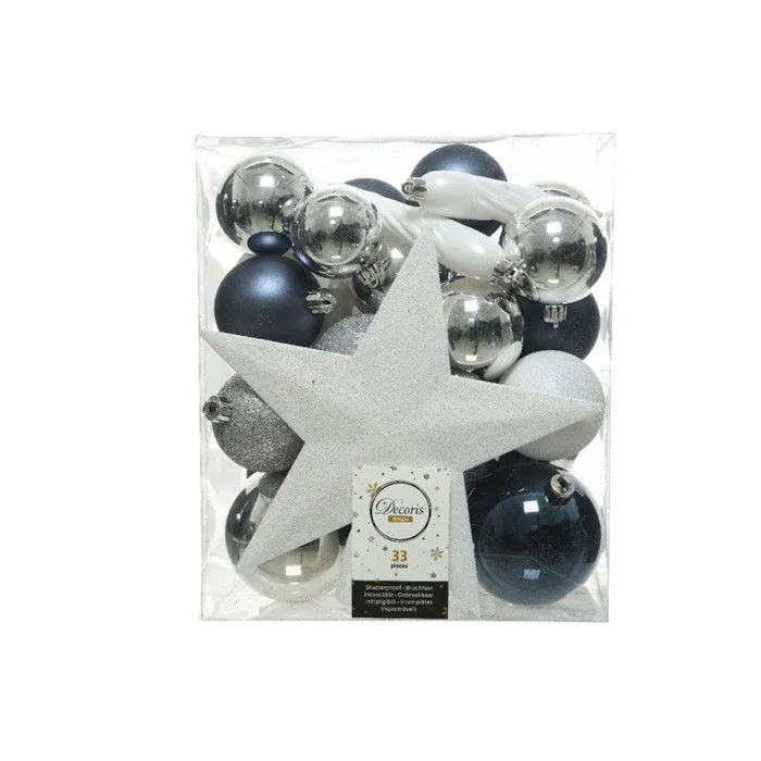 GENERIQUE - Boite De 33 Accessoires Pour Arbre De Noel Bleu, Blanc Et Argente.-1