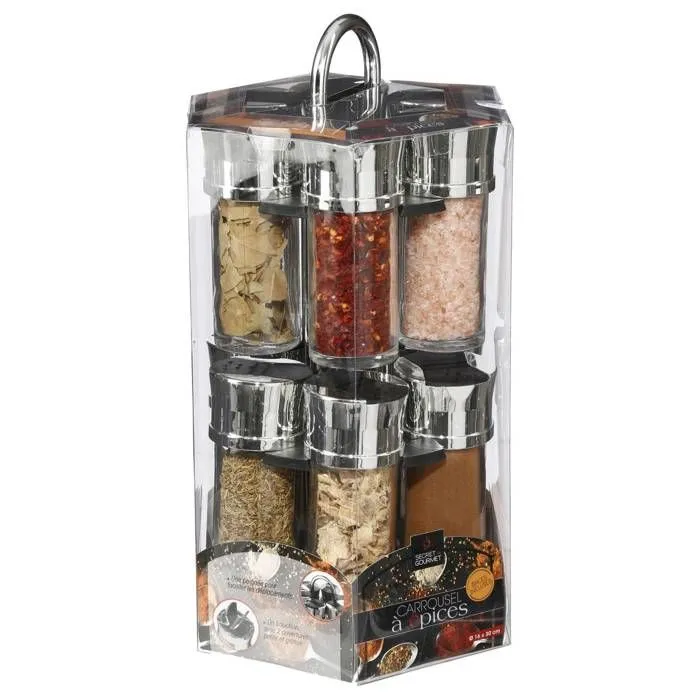 Présentoir Carrousel à épices et herbes aromatiques sur support rotatif et 12 pots en verre avec épices-2