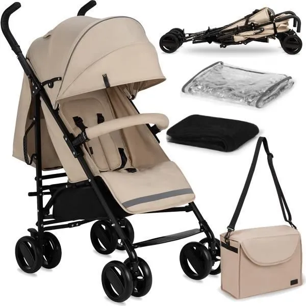 MoMi AKIRA - Poussette canne ultra compacte - Légère 6.7 kg - De 6 mois à 15 kg - Kit d'accessoires - Sac et panier – Beige-0