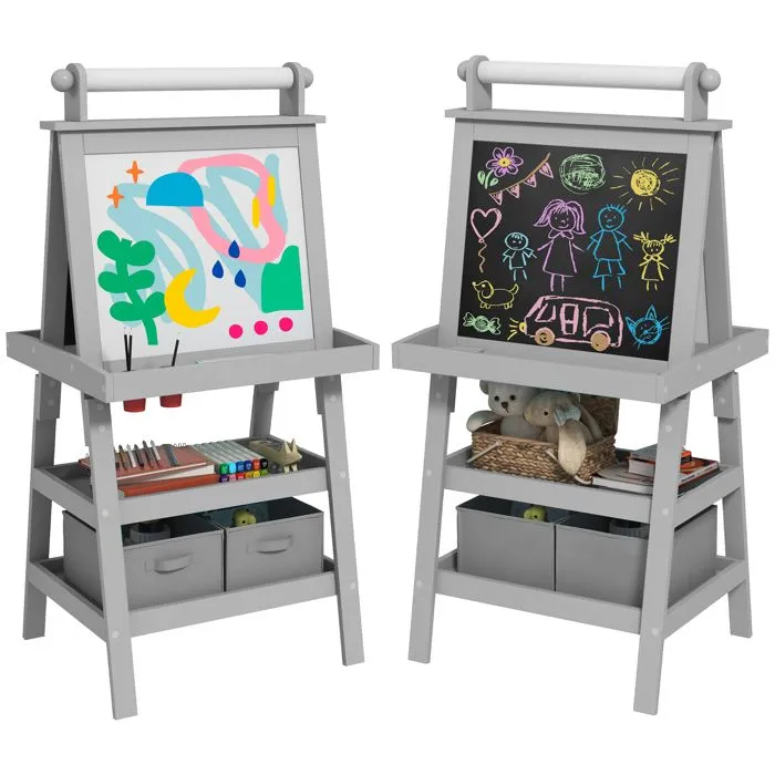 Tableau chevalet enfant AIYAPLAY 3 en 1 tableau blanc magnétique, tableau à craie rouleau papier 2 paniers intégrés - 3-6 ans gris-0