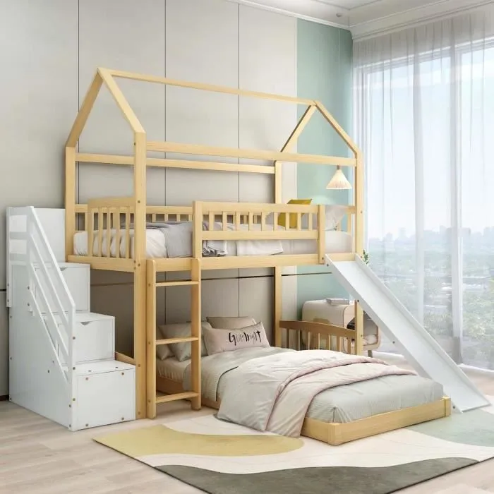 Lit superposé, lit cabane 90x200cm avec sommiers à lattes et toboggan, en bois, naturel + blanc-0