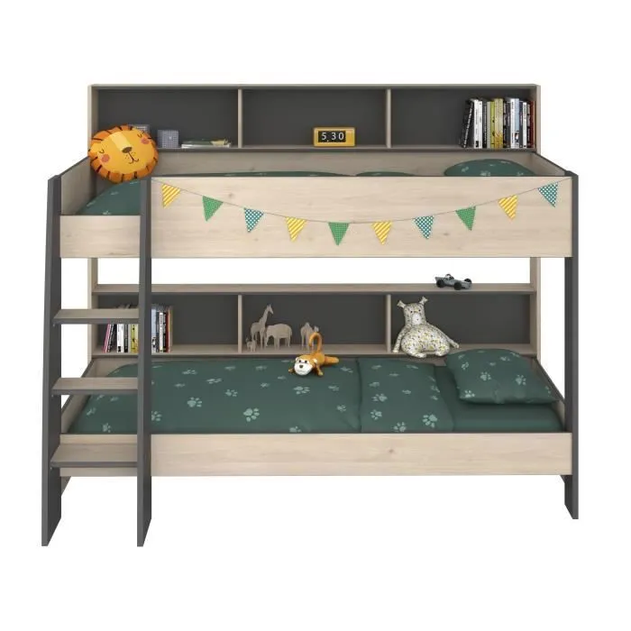 PARISOT Lits superposés enfant - Décor Chêne Jackson et Gris Ombre - Sommiers inclus - 2 x 90 x 200 cm - JIM-2