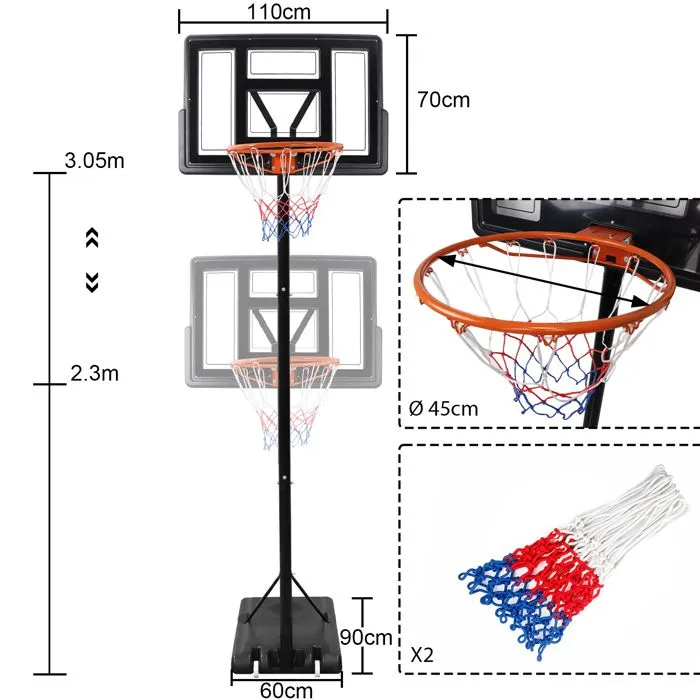 Panier de basket - LZQ - Réglable 230-305 cm - Acier allié - Base lestable - Avec ballon et pompe-1
