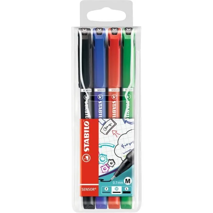 STABILO 4 stylos-feutres SENSOR M - pointe moyenne : Noir, bleu, rouge, vert-0
