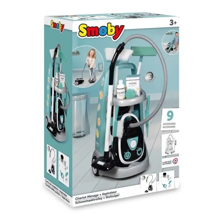 SMOBY - Chariot de ménage + aspirateur électronique avec bruit d'aspiration - 9 Accessoires - Piles Incluses - dès 3 ans-4