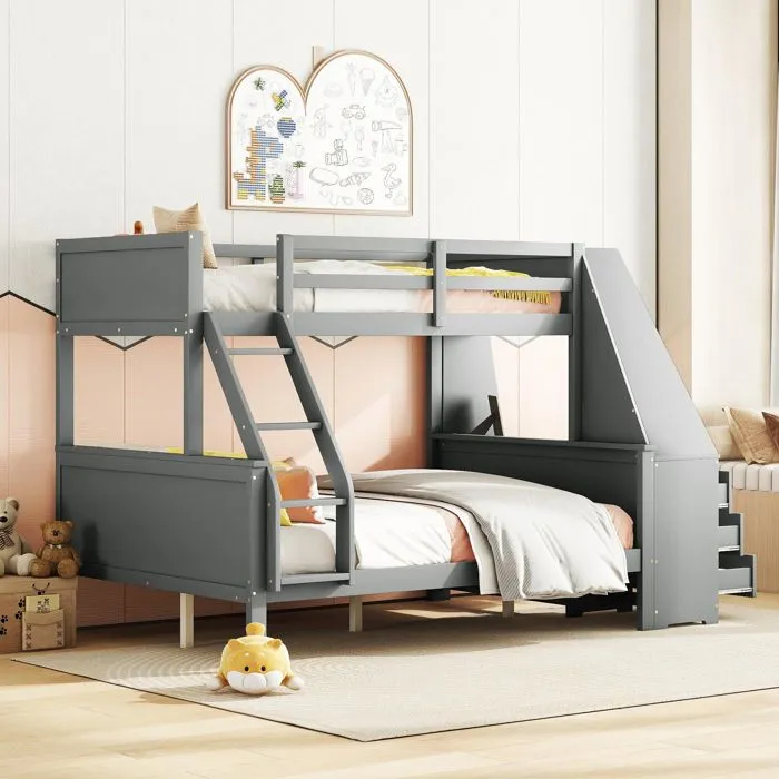 MODERNLUXE Lit superposé 90x200cm+140x200cm, lit enfant, avec table, grand rangement, garde-corps hauts, gris-0
