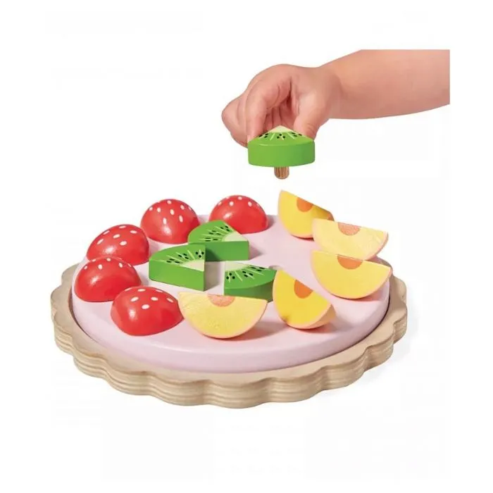Jouet d'imitation en bois - JANOD - Tarte aux fruits - 1 fond de tarte - 5 pêches - 5 fraises - 4 kiwis-2