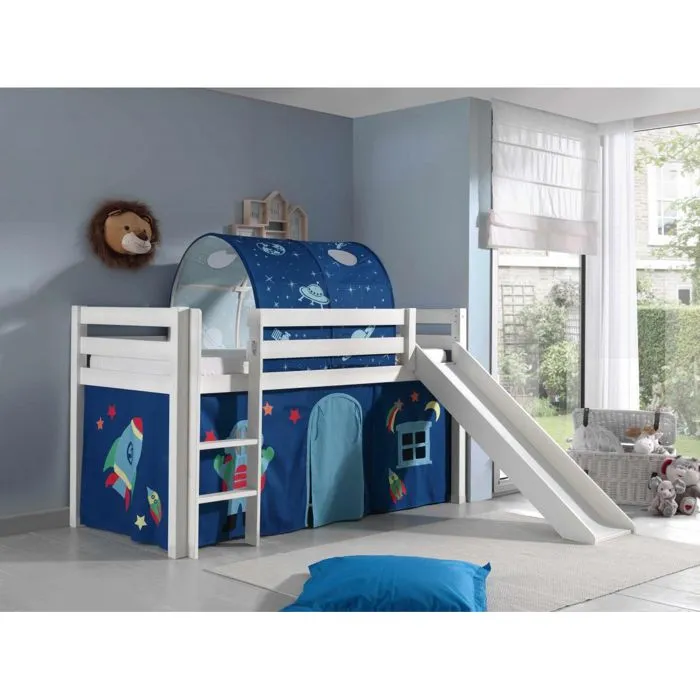 Lit mezzanine avec toboggan et rideau - Vipack PINO - Bois massif - Blanc - Enfant - 209x217x114cm-1