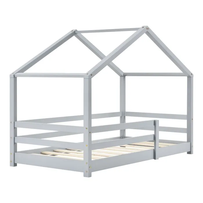 Lit Cabane Knätten avec Grille de Protection et Matelas Mousse à Froid 200 x 90 cm Gris Clair-2