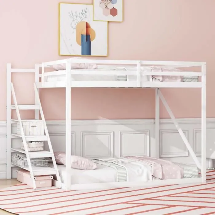 Lit mezzanine enfant 140x200cm avec escalier en pin et sommier à lattes - MODERNLUXE - Blanc-0