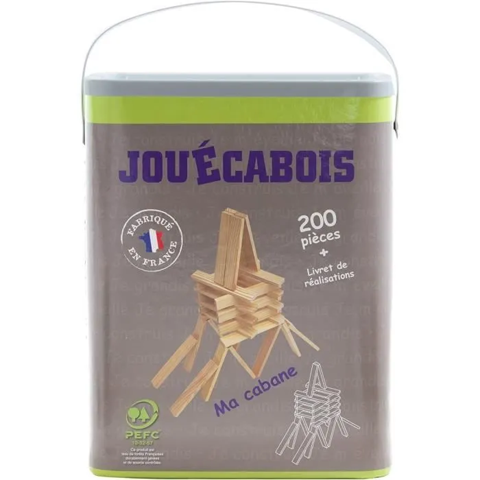 Jeu de construction - Baril de 200 planchettes en bois - JOUECABOIS - Fabriqué en France par Mecabois-0