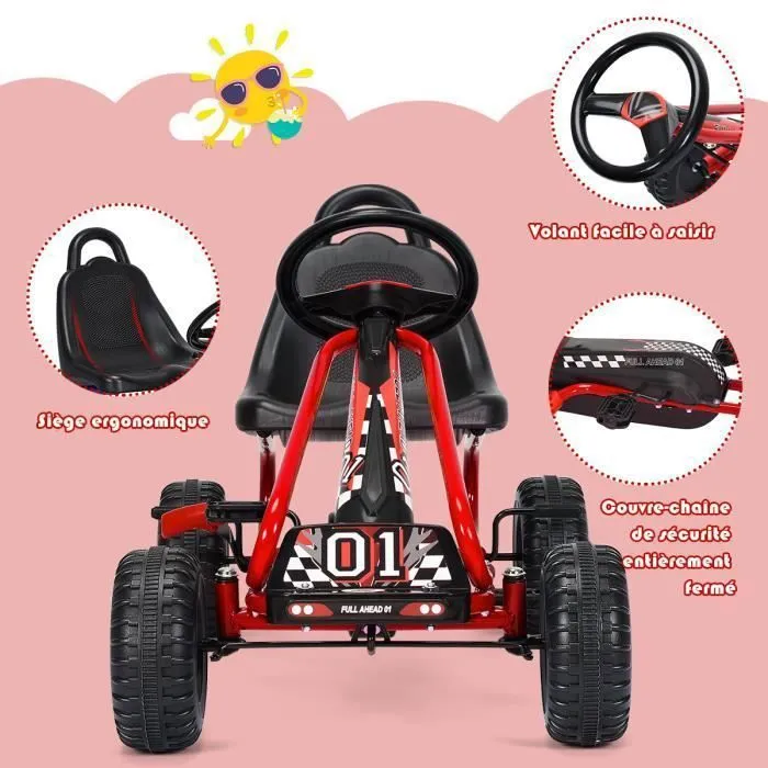 COSTWAY Kart à Pédales Vélo et Véhicule pour Enfants Siège Réglable avec Frein à Main pour l'Extérieur, 3-6 Ans, Rouge-1