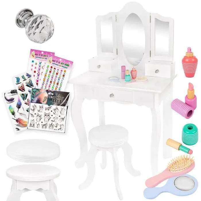 Coiffeuse pour Filles - Kinderplay - Grande avec Miroir et Tabouret - Blanc et Rose - Accessoires Inclus-0
