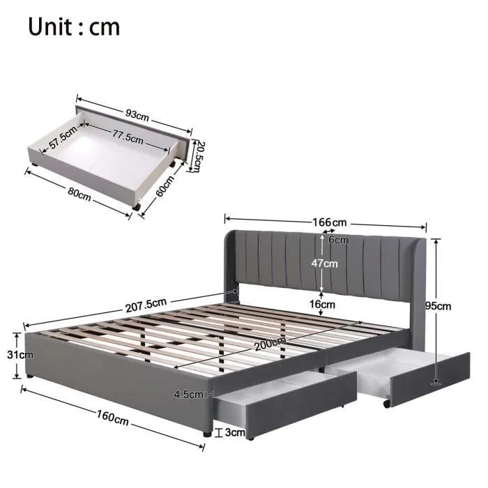 Lit adulte 160x200cm, lit rembourré avec 2 tiroirs, sommier à lattes, tissu en velours, gris-3