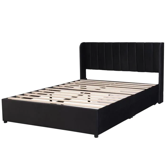 Lit double - Noir - 140 x 200 cm - Velours - Avec tiroirs - Style Scandinave-4